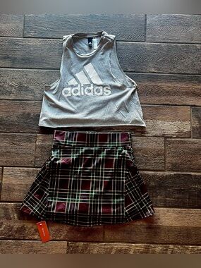 Werena plaid athletic skort skirt built in shorts plus Adidas crop top M